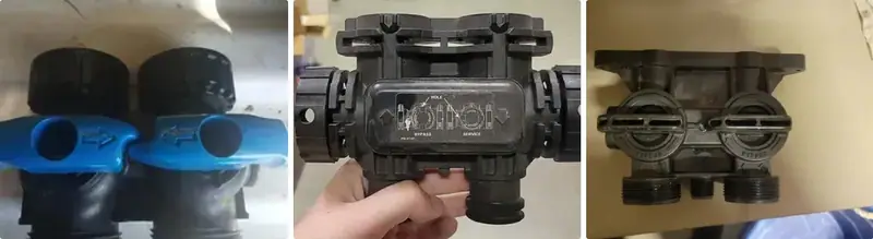 The same three softener bypass valve styles turned to bypass