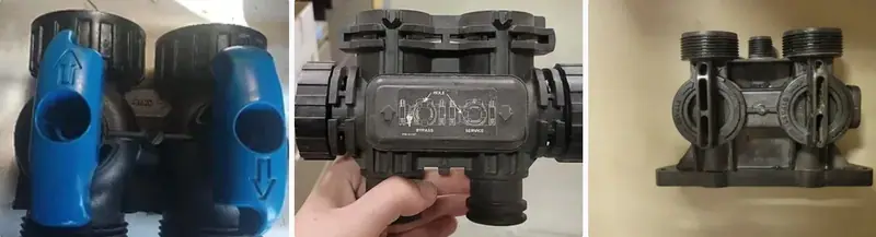 Three softener bypass valve styles in the normal in-service position