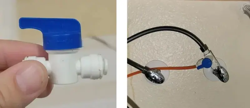 RO feed valve on the cold water angle stop with the orange quarter-inch line