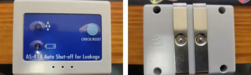 AS-414 auto shut-off leak detector: front with Check/Reset button, and back with two metal sensor bars