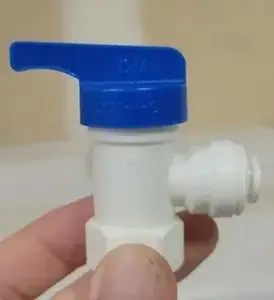 White RO storage tank shut-off valve with blue handle