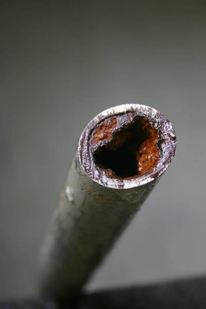 Pipe interior clogged with rust-colored iron buildup