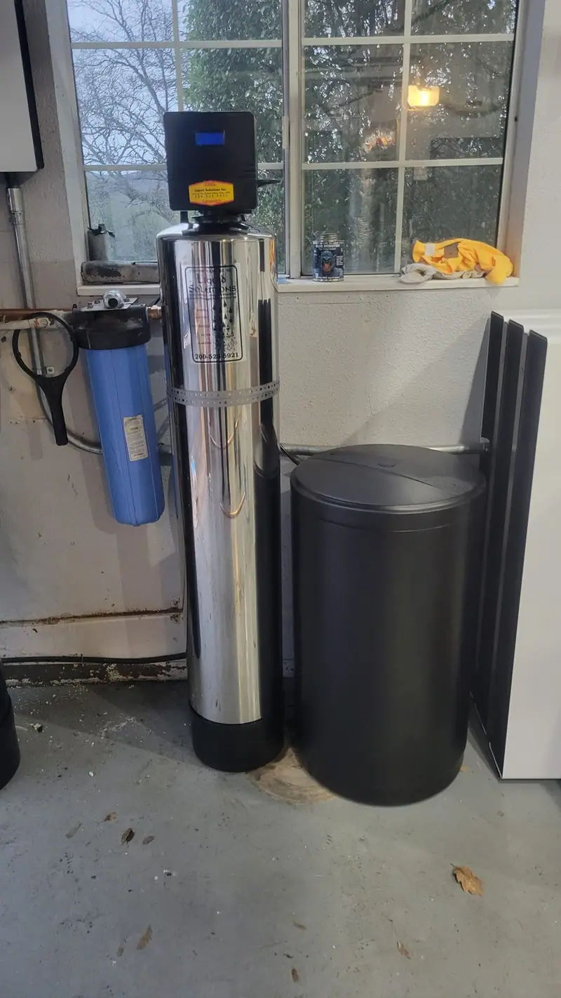 Water softener with control valve and cartridge filter installed indoors, Newman area